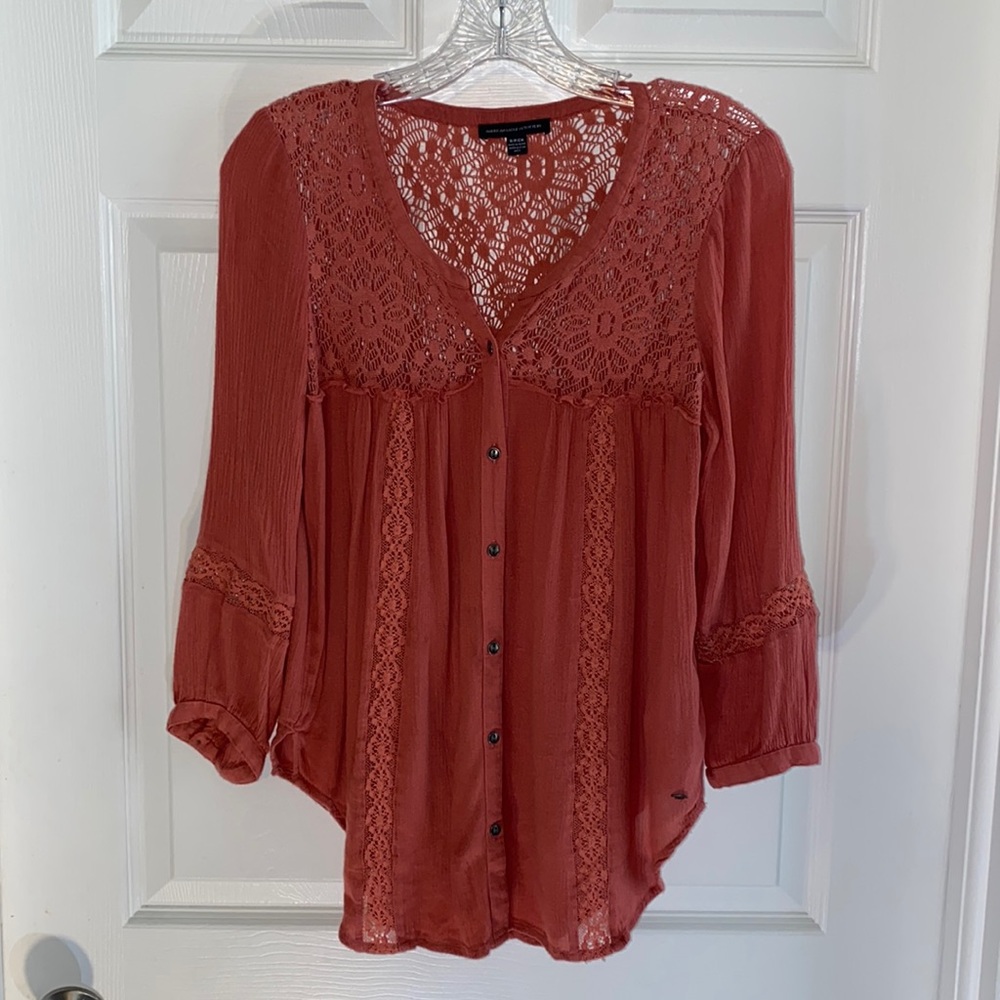 American Eagle Outfitters Crochet Style Peasant Blouse Button front size small